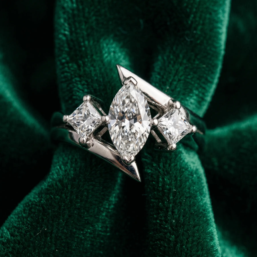 White gold Three-Stone Marquise Cut Tension Band Ring with Four-Prong Setting