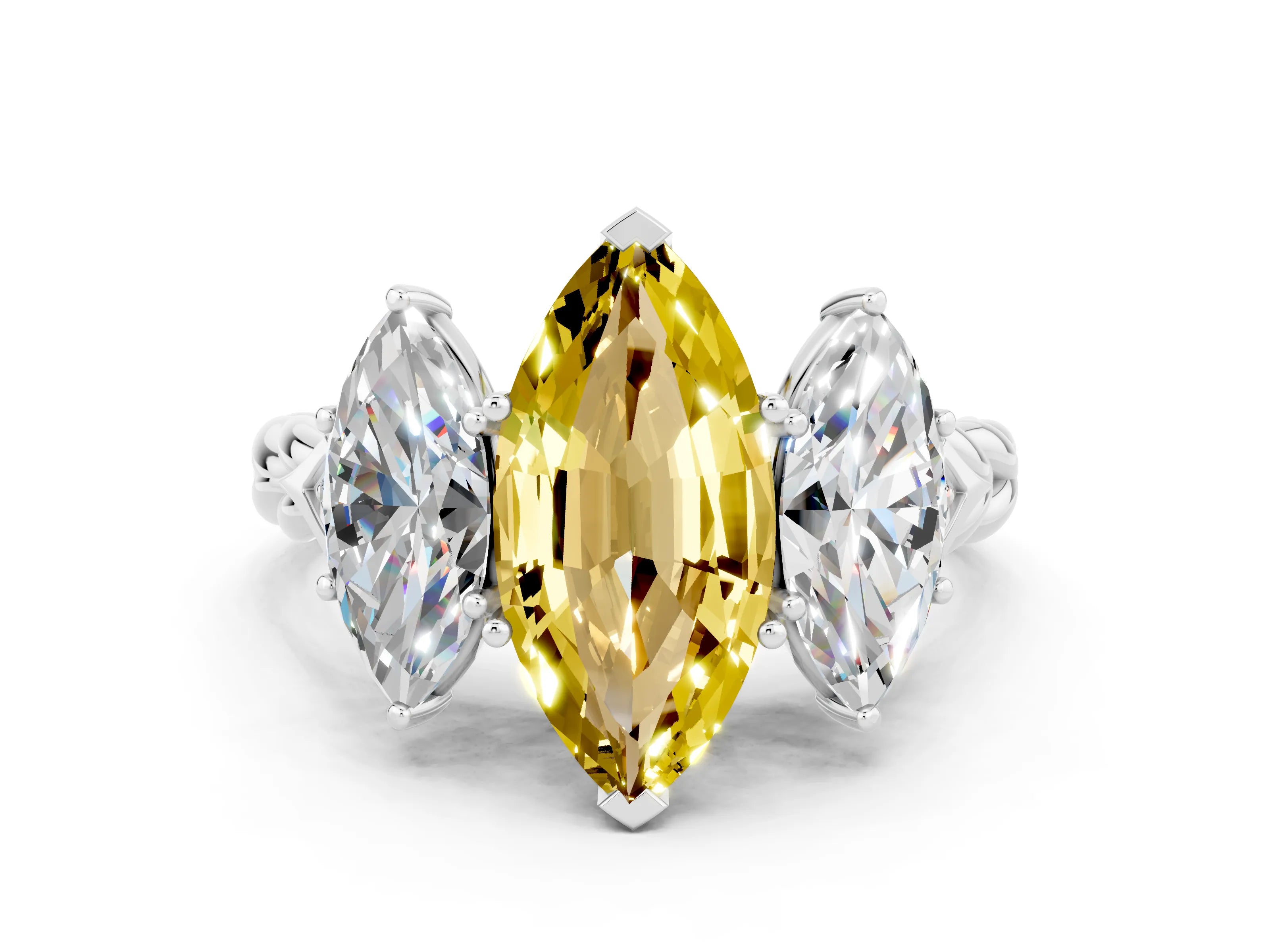 White gold Three-Stone Marquise Cut Yellow Sapphire Braided Band Ring with Four-Prong Setting_36