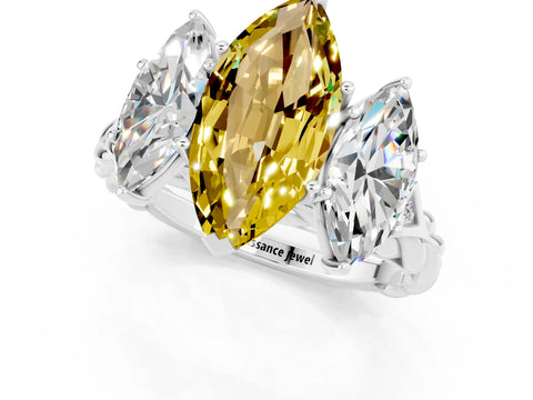 White gold Three-Stone Marquise Cut Yellow Sapphire Braided Band Ring with Four-Prong Setting_37