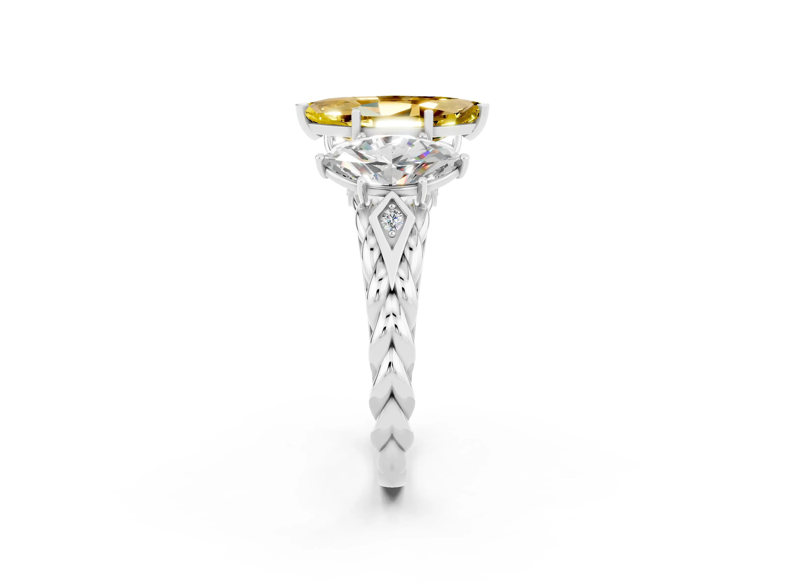 White gold Three-Stone Marquise Cut Yellow Sapphire Braided Band Ring with Four-Prong Setting_38