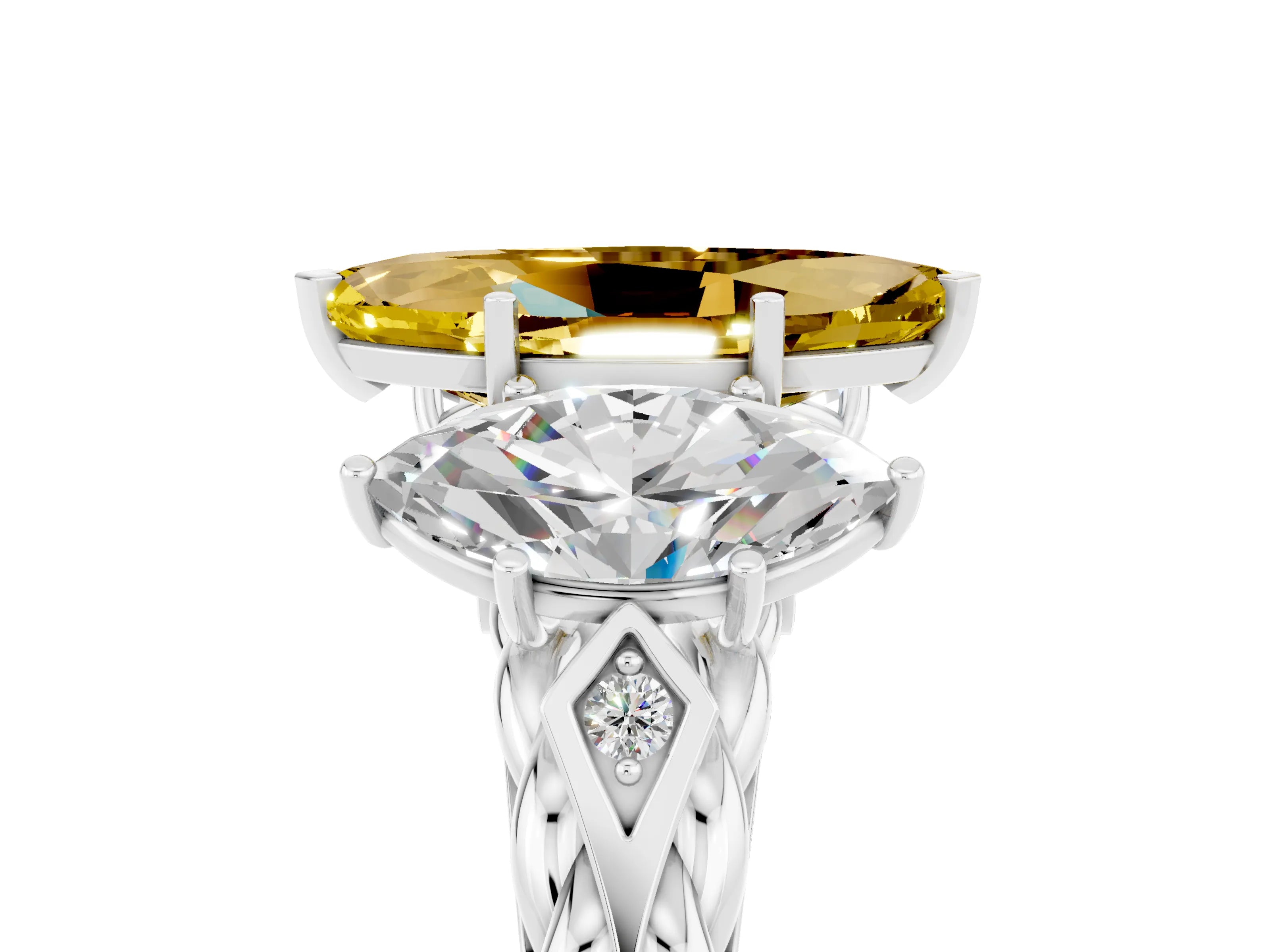 White gold Three-Stone Marquise Cut Yellow Sapphire Braided Band Ring with Four-Prong Setting_41