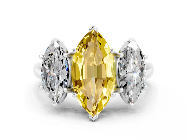 Platinum Three-Stone Marquise Cut Yellow Sapphire Engagement Ring with Prong Setting