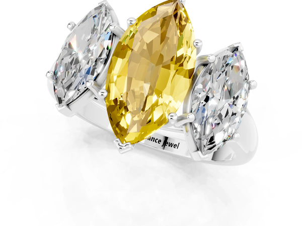 Platinum Three-Stone Marquise Cut Yellow Sapphire Engagement Ring with Prong Setting