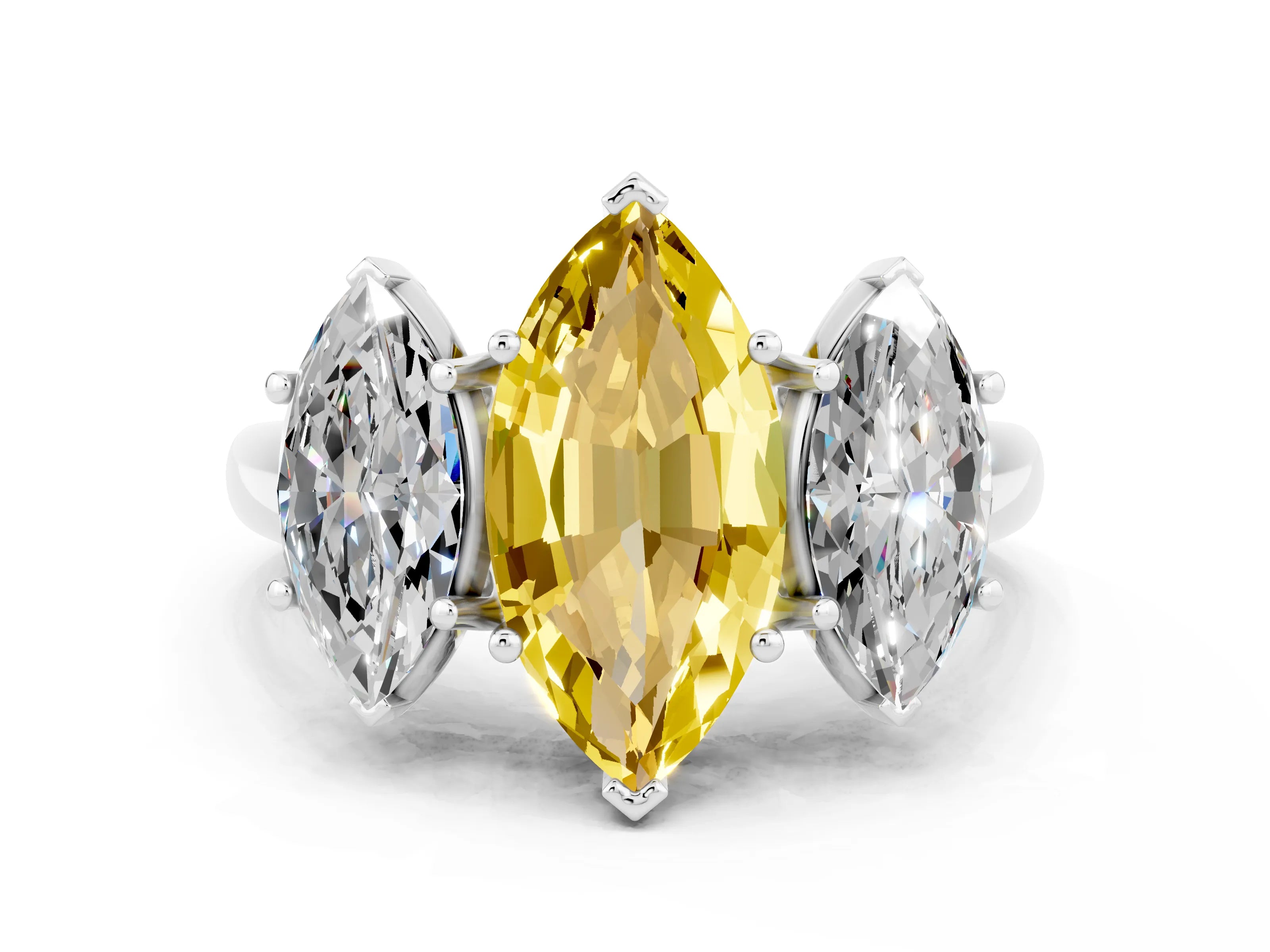 White gold Three-Stone Marquise Cut Yellow Sapphire Engagement Ring with Prong Setting