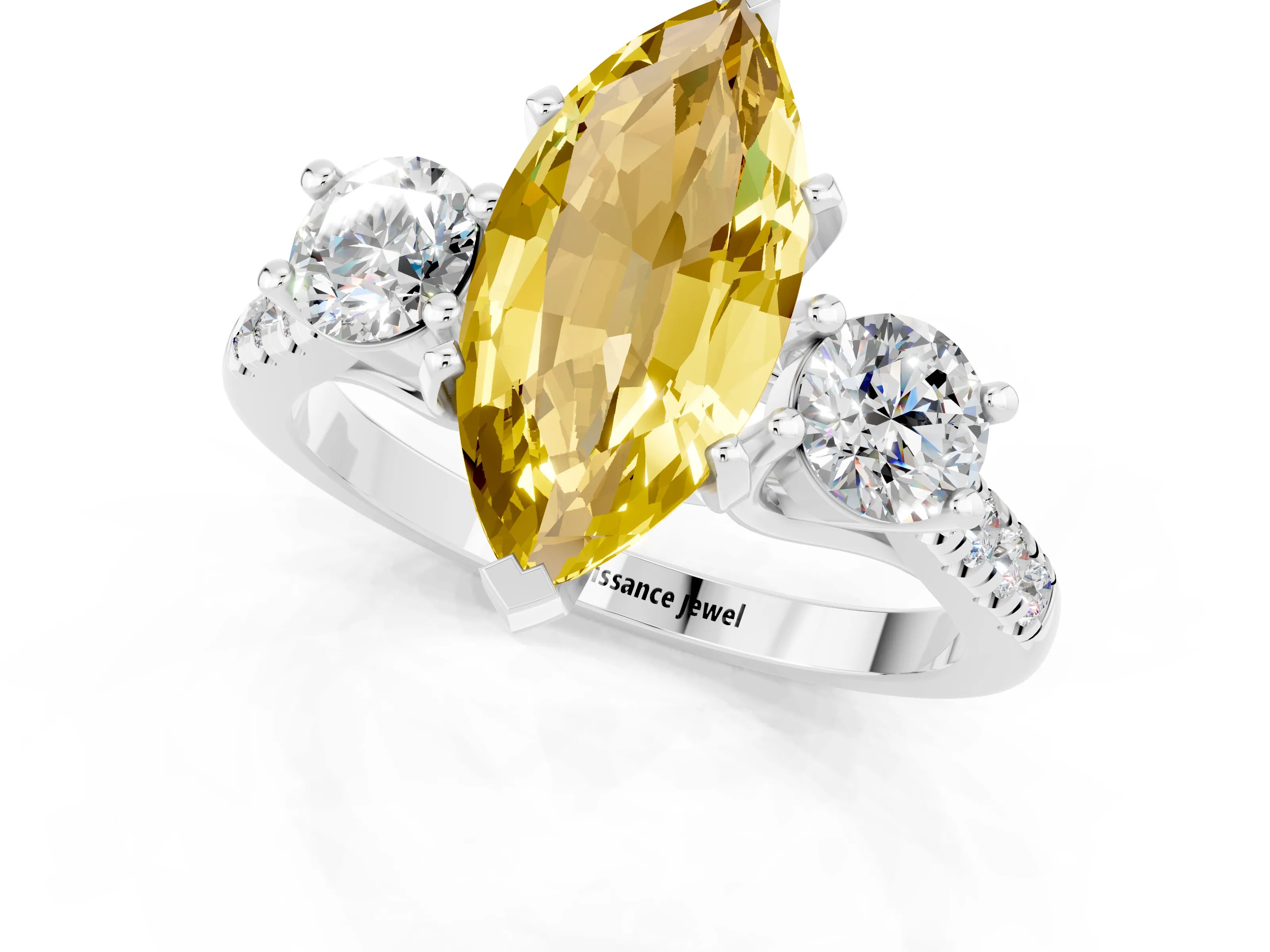 White gold Three-Stone Marquise Cut Yellow Sapphire Pavé Band with Four-Prong Setting_25