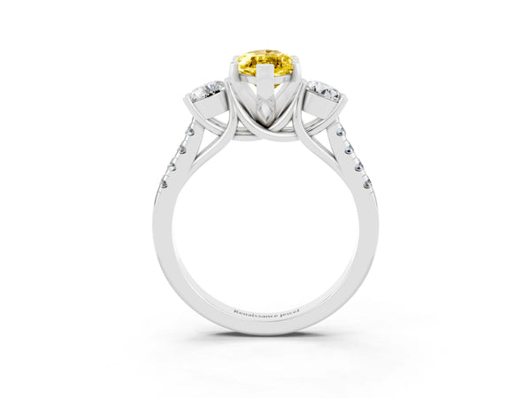 Platinum Three-Stone Marquise Cut Yellow Sapphire Pavé Band with Four-Prong Setting