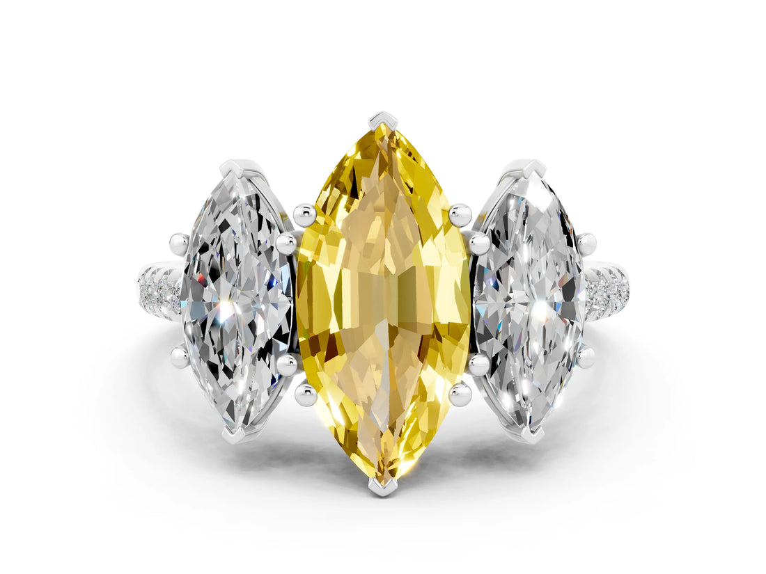 White gold Three-Stone Marquise Cut Yellow Sapphire Ring with Pavé Band and Prong Setting_36