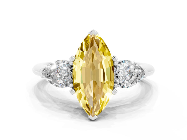 White gold Three-Stone Marquise Cut Yellow Sapphire Ring with Pear Side Stones and Four-Prong Setting