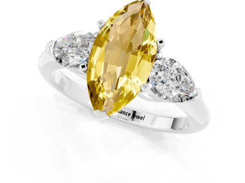 White gold Three-Stone Marquise Cut Yellow Sapphire Ring with Pear Side Stones and Four-Prong Setting_25