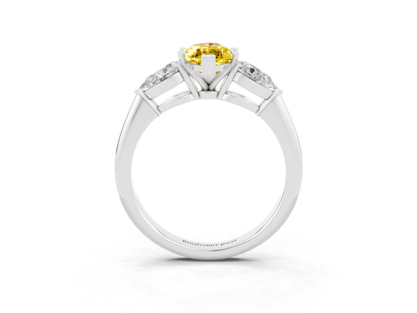 Platinum Three-Stone Marquise Cut Yellow Sapphire Ring with Pear Side Stones and Four-Prong Setting