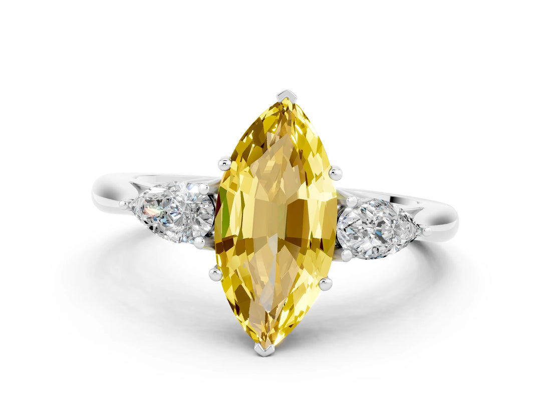 White gold Three-Stone Marquise Cut Yellow Sapphire Ring with Pear  Side Stones in Four-Prong Setting_12