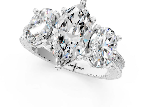 White gold Three-Stone Marquise Diamond Milgrain Pave Band with Prong Setting