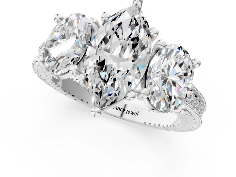 White gold Three-Stone Marquise Diamond Milgrain Pave Band with Prong Setting