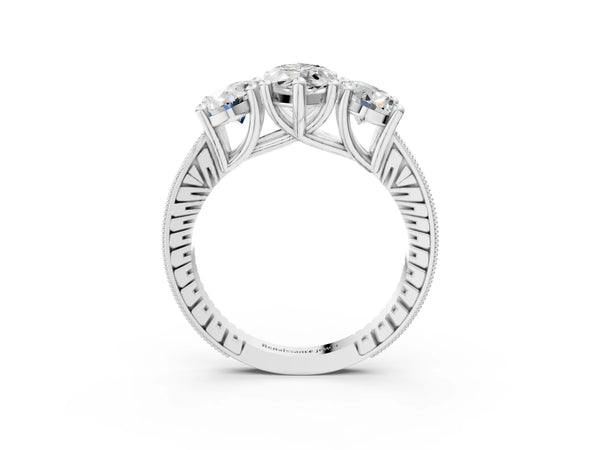 White gold Three-Stone Marquise Diamond Milgrain Pave Band with Prong Setting