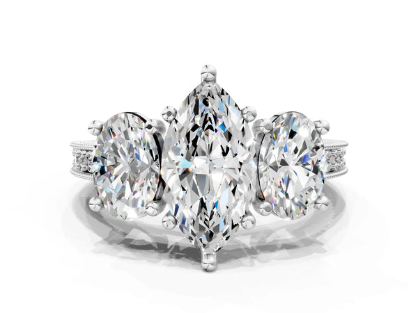 White gold Three-Stone Marquise Diamond Milgrain Pave Band with Prong Setting