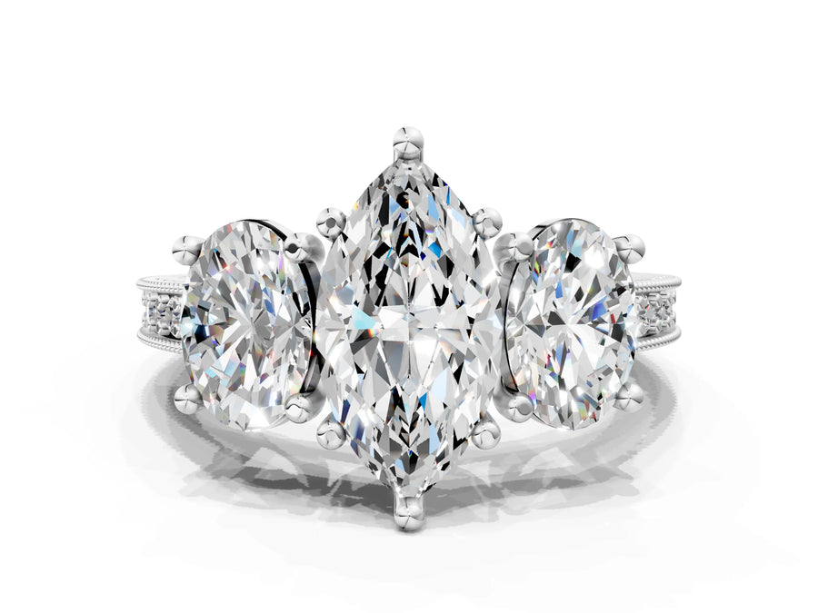 White gold Three-Stone Marquise Diamond Milgrain Pave Band with Prong Setting