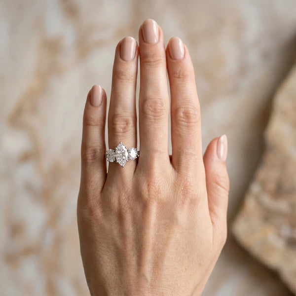White gold Three-Stone Marquise Diamond Milgrain Pave Band with Prong Setting