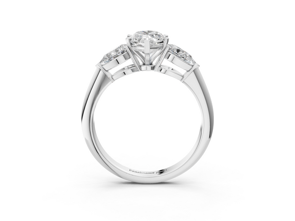 White gold Three-Stone Marquise Cut Diamond Ring with Pear Side Stones and Four-Prong Setting