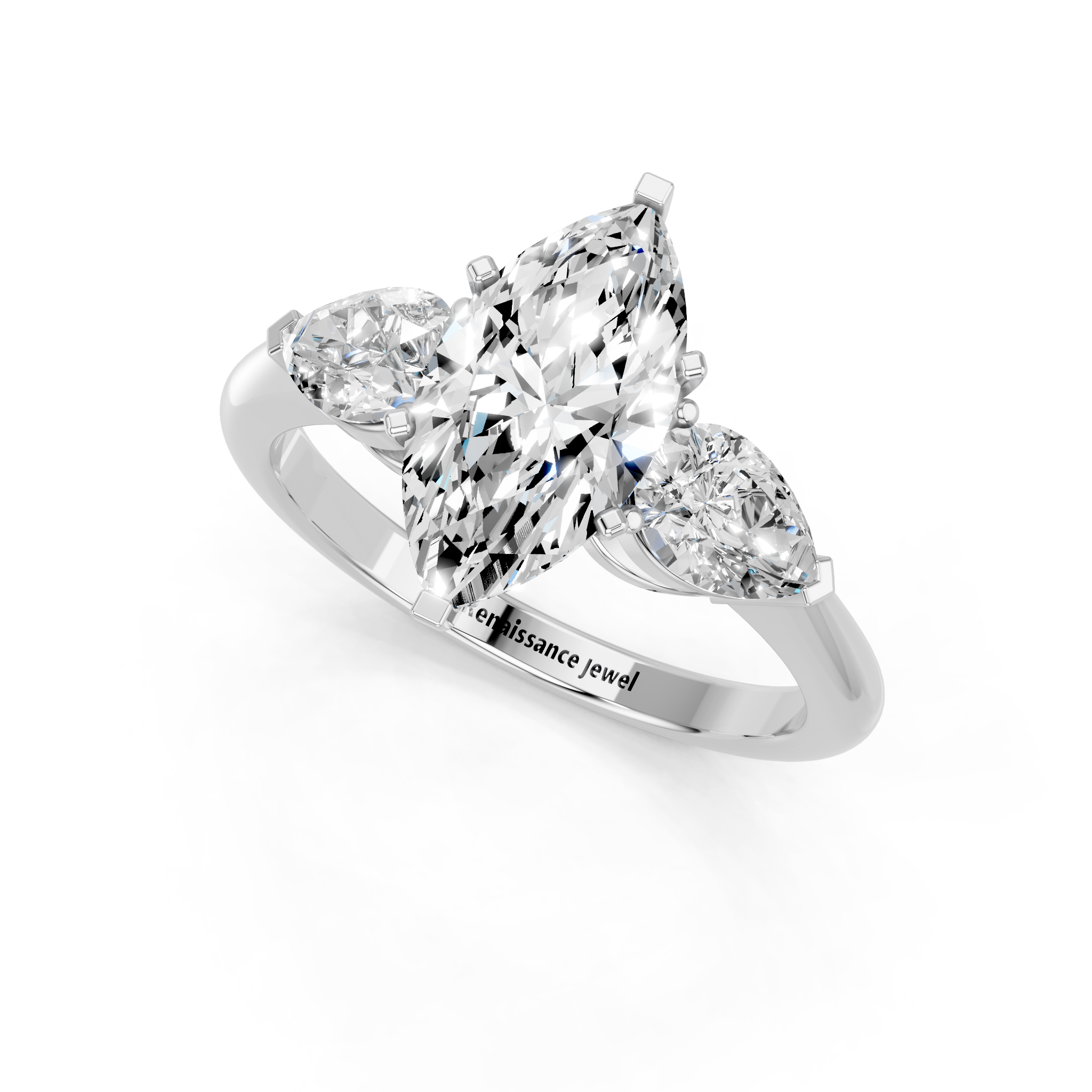White gold Three-Stone Marquise Diamond Ring with Pear Side Stones in Four-Prong Setting_31