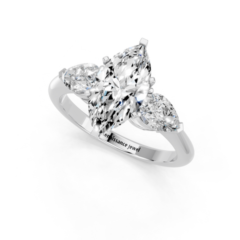White gold Three-Stone Marquise Diamond Ring with Pear Side Stones in Four-Prong Setting_31