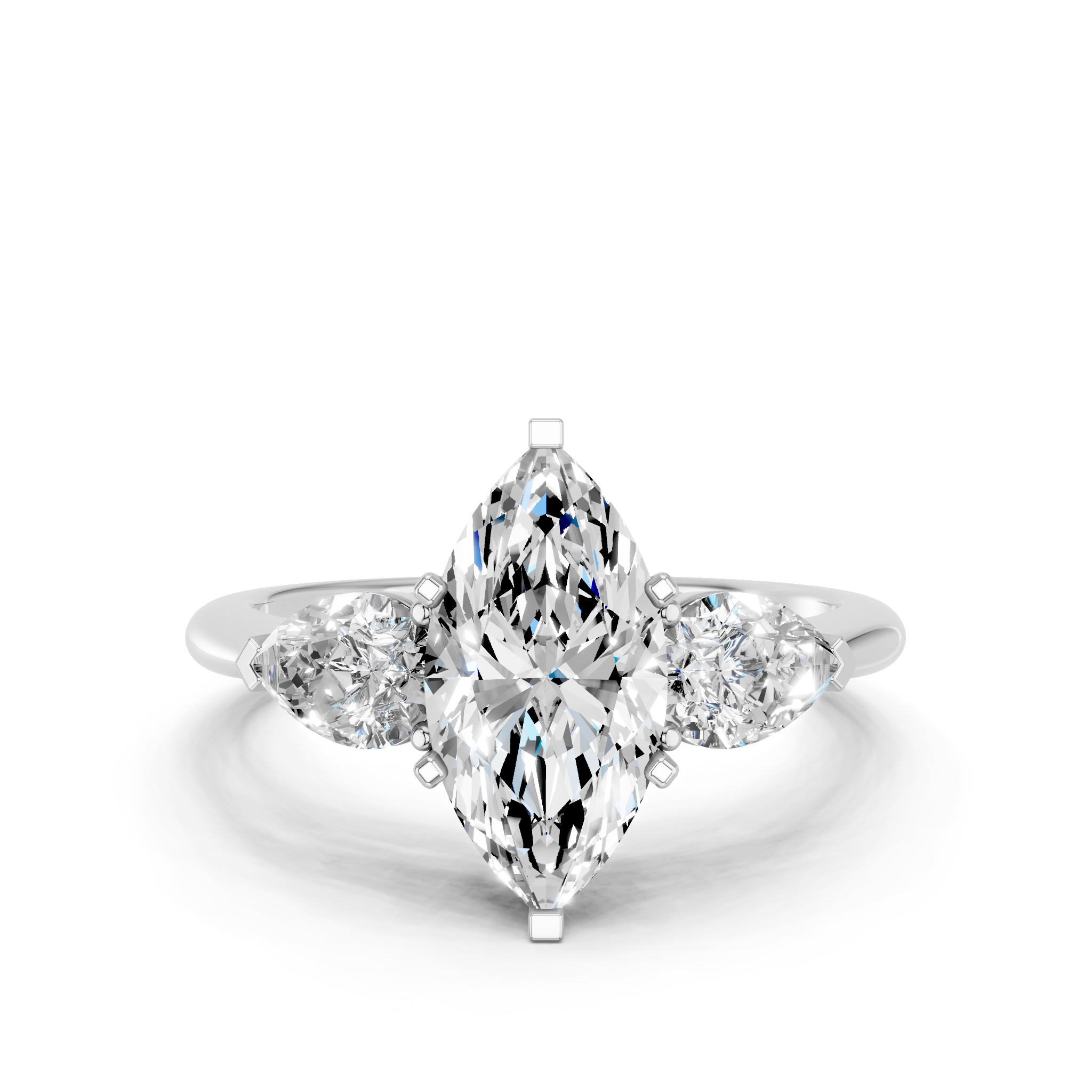 White gold Three-Stone Marquise Diamond Ring with Pear Side Stones in Four-Prong Setting_39