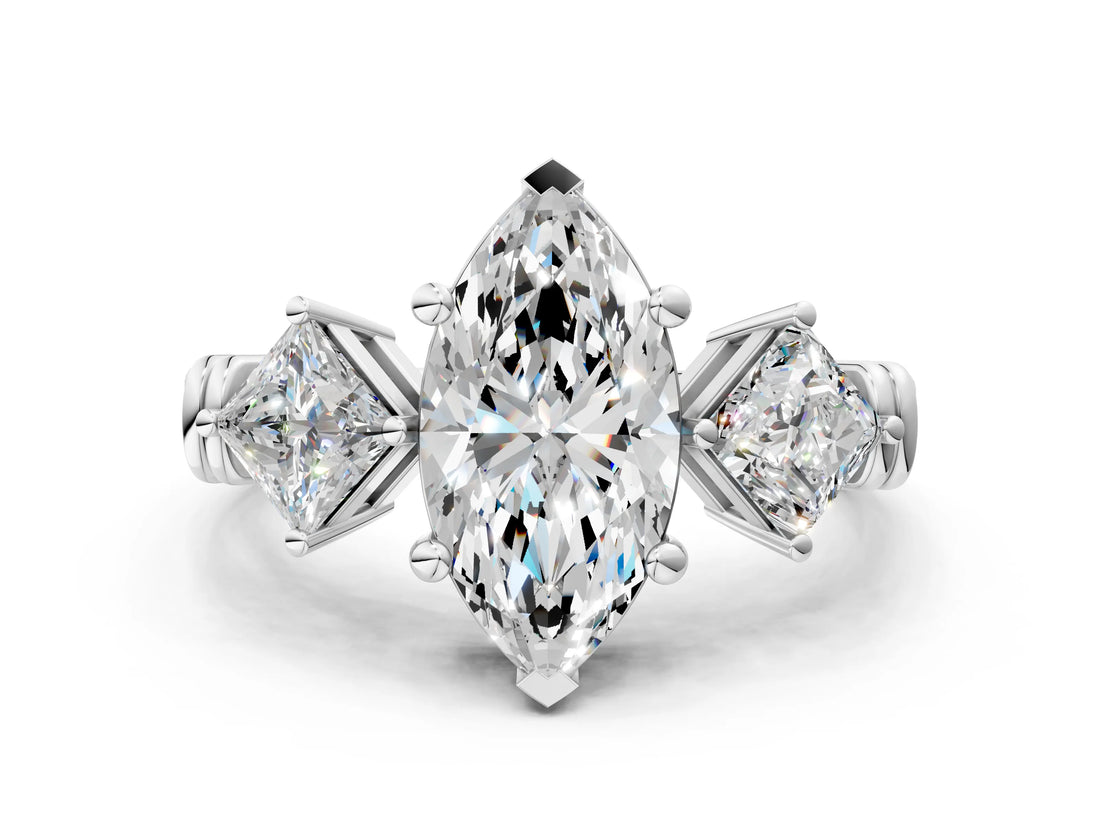 White gold Three-Stone Marquise and Princess Cut Diamond Ring with Channel Band and Four-Prong Setting_16