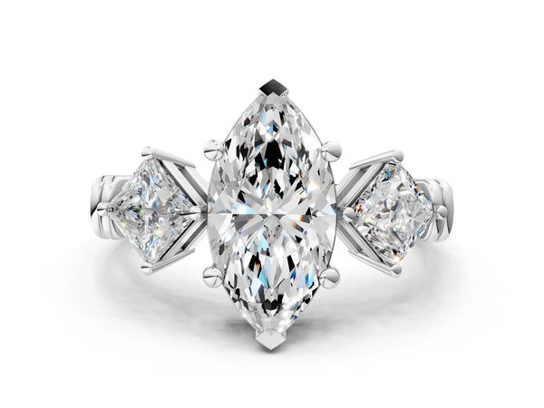 White gold Three-Stone Marquise and Princess Cut Diamond Ring with Channel Band and Four-Prong Setting