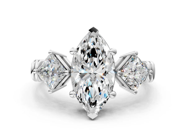 White gold Three-Stone Marquise and Princess Cut Diamond Ring with Channel Band and Four-Prong Setting