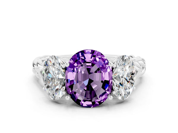 Silver Three-Stone Oval Cut Amethyst Braided Band Ring with Four-Prong Setting