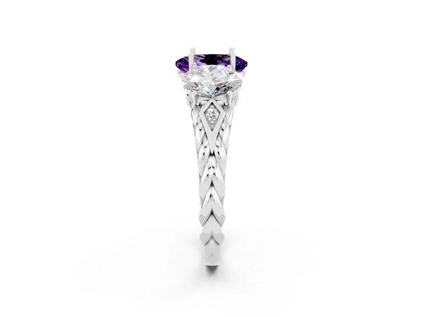 Platinum Three-Stone Oval Cut Amethyst Braided Band Ring with Four-Prong Setting