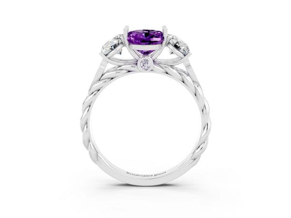 Silver Three-Stone Oval Cut Amethyst Braided Band Ring with Four-Prong Setting