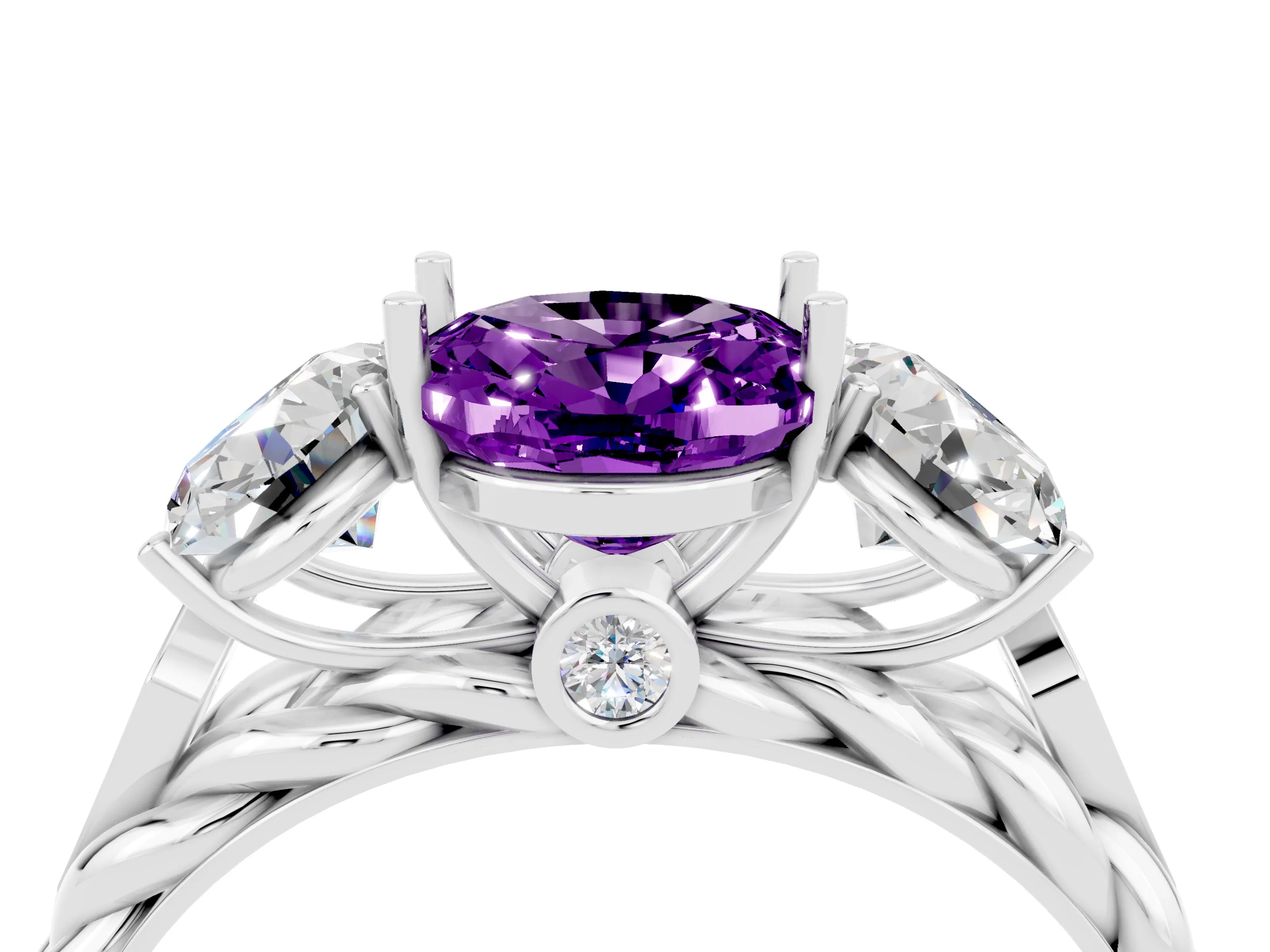 White gold Three-Stone Oval Cut Amethyst Braided Band Ring with Four-Prong Setting_16