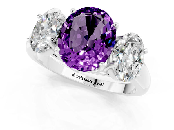 White gold Three-Stone Oval Cut Amethyst Engagement Ring with Prong Setting