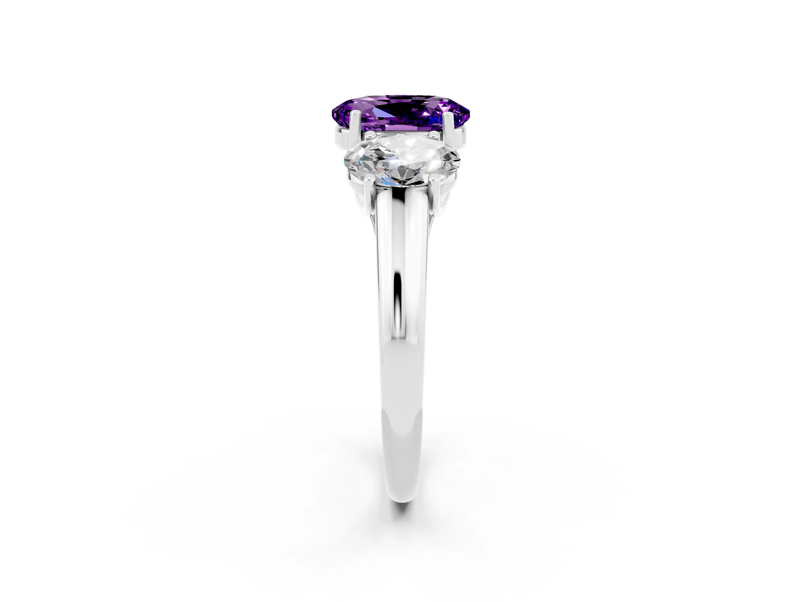 White gold Three-Stone Oval Cut Amethyst Engagement Ring with Prong Setting_2