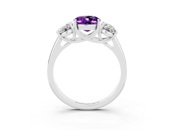 White gold Three-Stone Oval Cut Amethyst Engagement Ring with Prong Setting