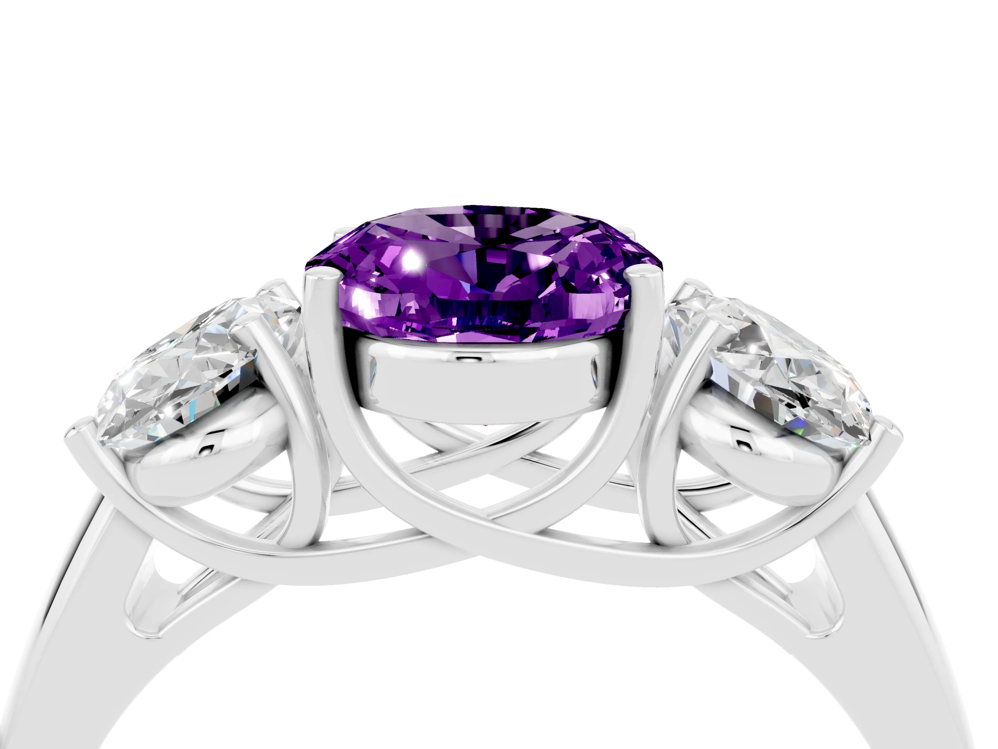 White gold Three-Stone Oval Cut Amethyst Engagement Ring with Prong Setting_4