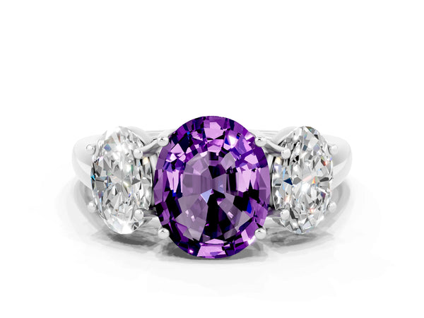 White gold Three-Stone Oval Cut Amethyst Engagement Ring with Prong Setting