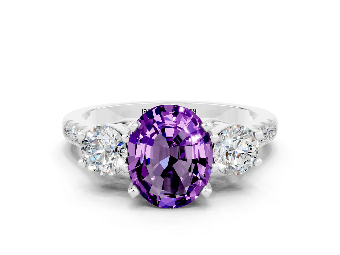 White gold Three-Stone Oval Cut Amethyst Pavé Band with Four-Prong Setting