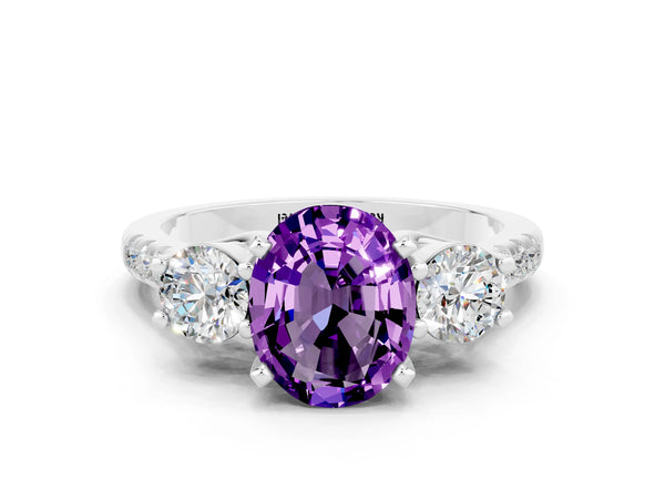 Platinum Three-Stone Oval Cut Amethyst Pavé Band with Four-Prong Setting