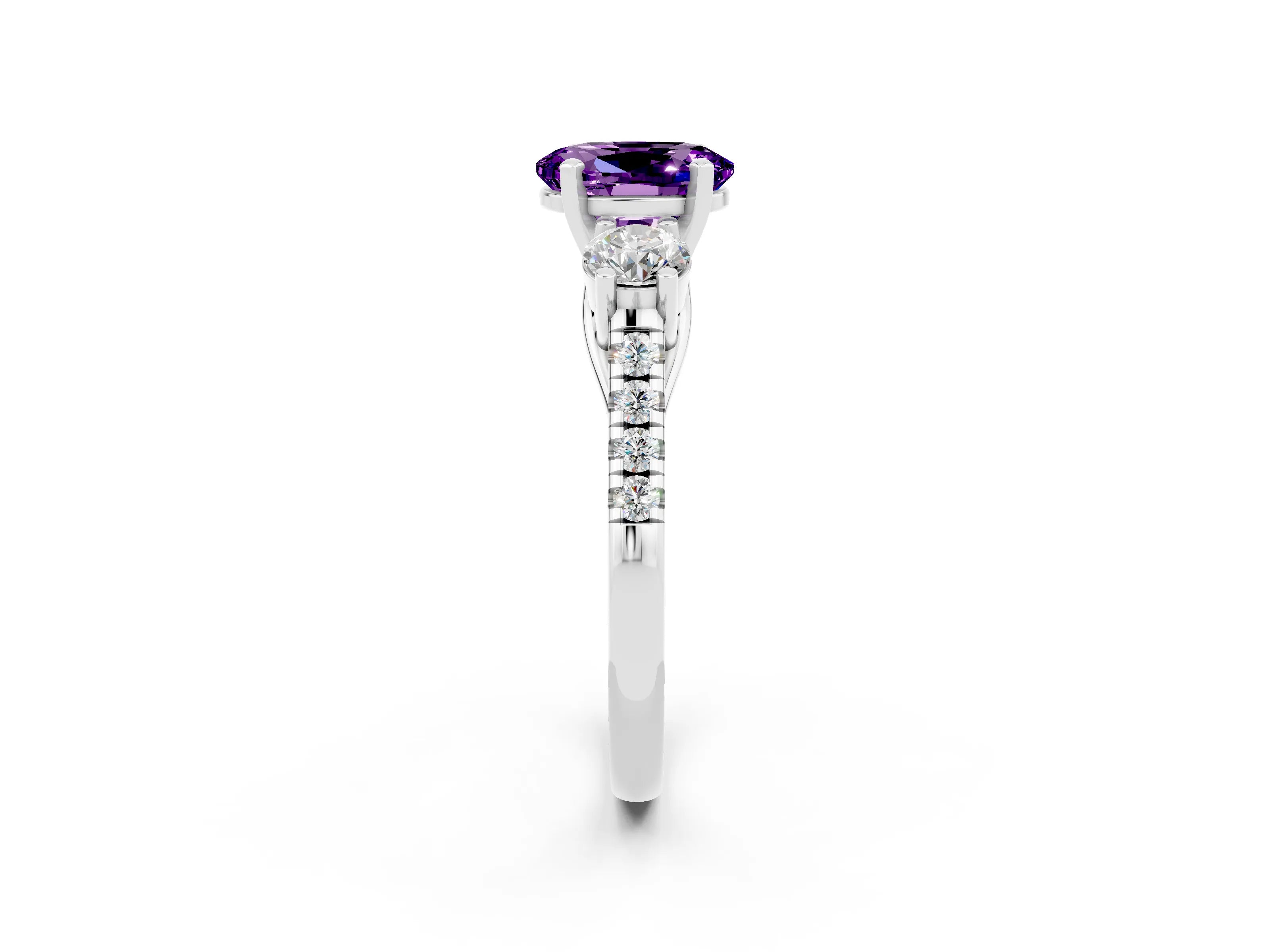 White gold Three-Stone Oval Cut Amethyst Pavé Band with Four-Prong Setting_2