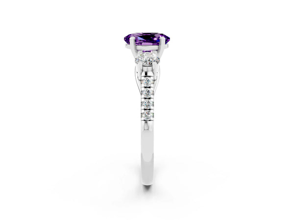 White gold Three-Stone Oval Cut Amethyst Pavé Band with Four-Prong Setting