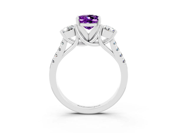 White gold Three-Stone Oval Cut Amethyst Pavé Band with Four-Prong Setting