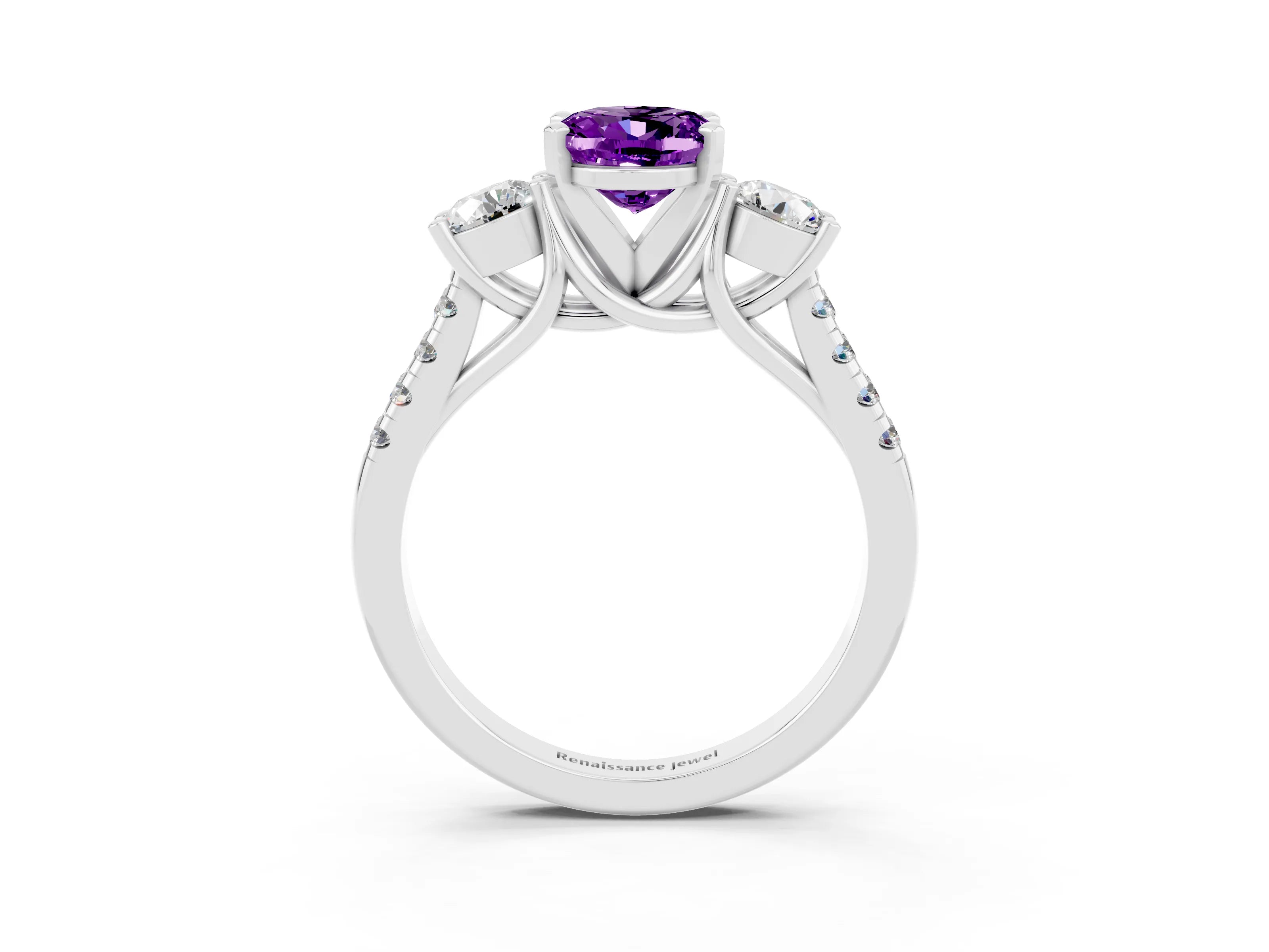 White gold Three-Stone Oval Cut Amethyst Pavé Band with Four-Prong Setting_3