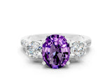 White gold Three-Stone Oval Cut Amethyst Pavé Band with Four-Prong Setting
