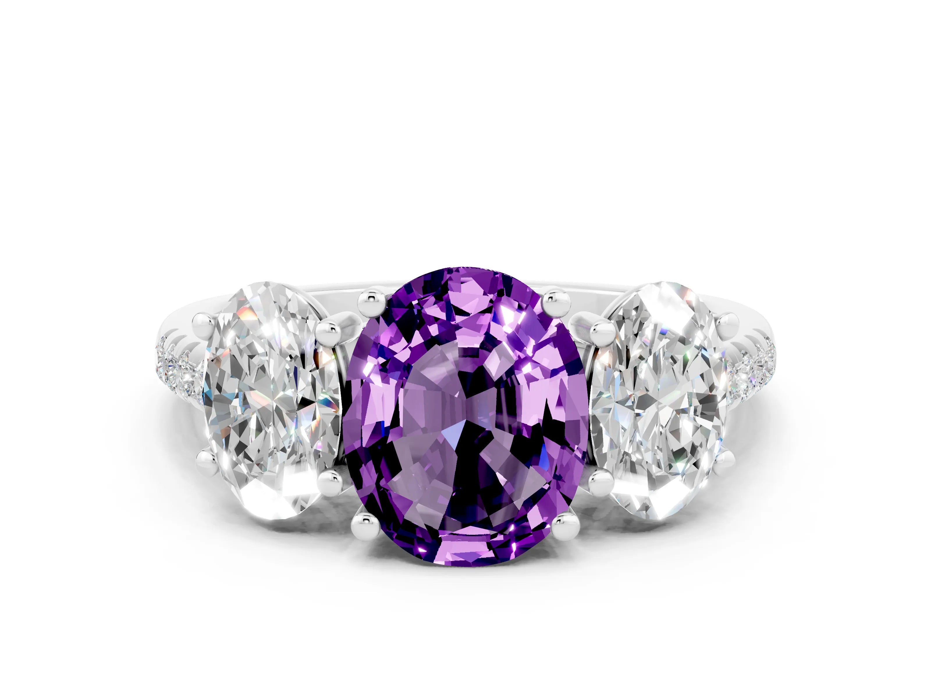 White gold Three-Stone Oval Cut Amethyst Ring with Pavé Band and Prong Setting_12