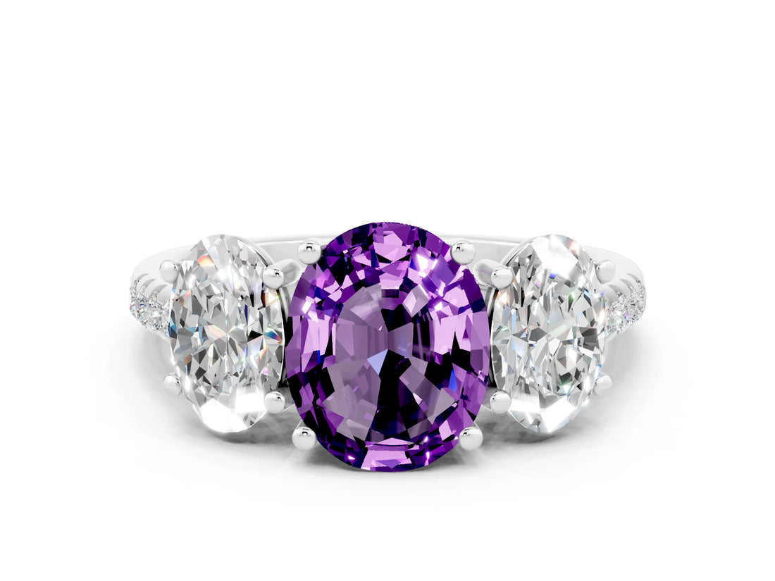 White gold Three-Stone Oval Cut Amethyst Ring with Pavé Band and Prong Setting_12