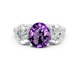 White gold Three-Stone Oval Cut Amethyst Ring with Pavé Band and Prong Setting_12
