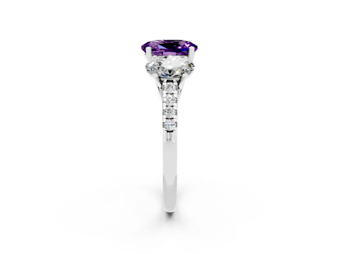 White gold Three-Stone Oval Cut Amethyst Ring with Pavé Band and Prong Setting_14