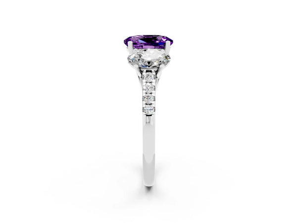 White gold Three-Stone Oval Cut Amethyst Ring with Round  Pavé Band and Prong Setting