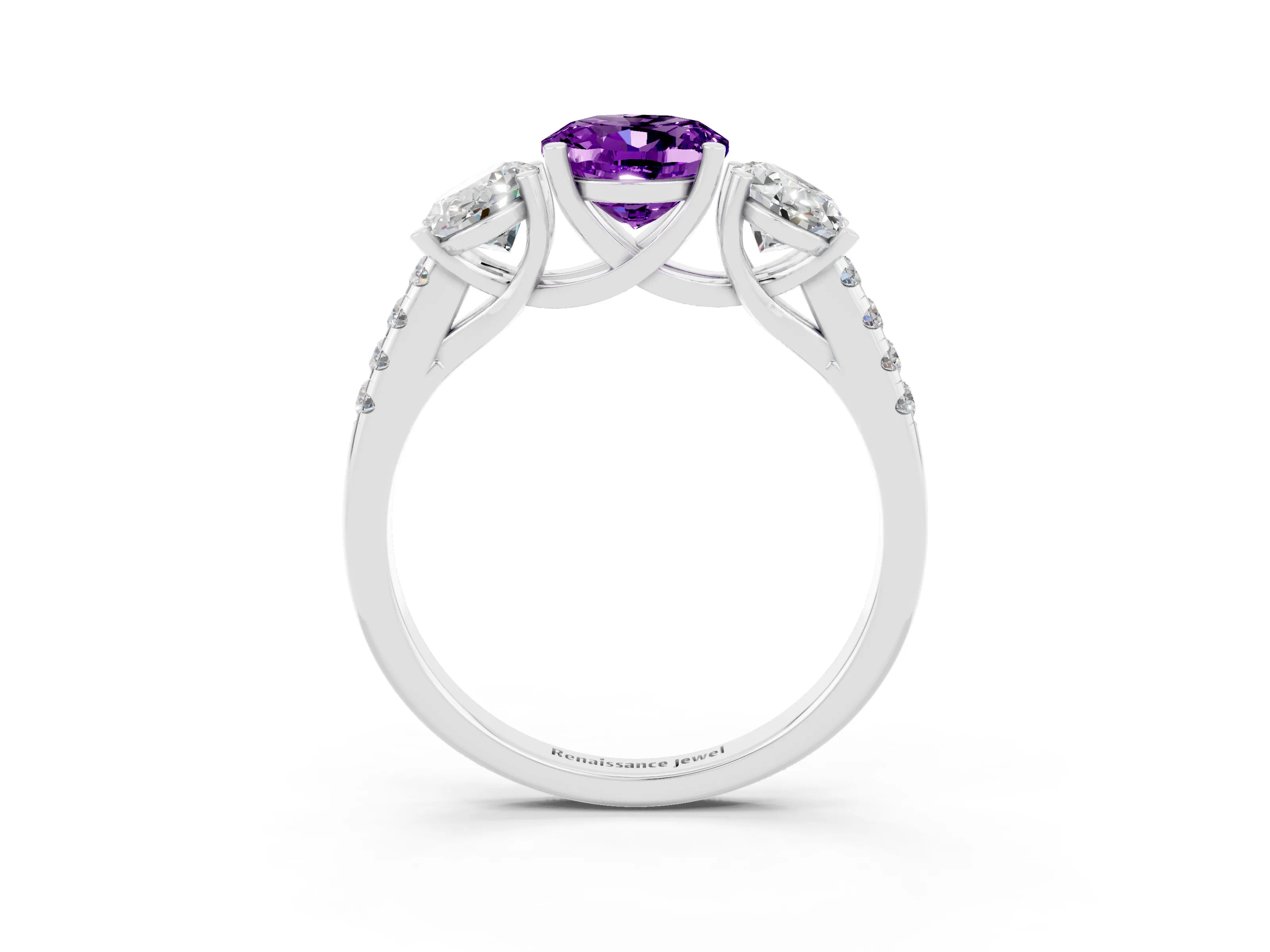 White gold Three-Stone Oval Cut Amethyst Ring with Pavé Band and Prong Setting_15